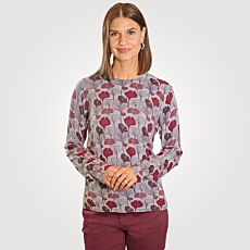 Pull-over femme à encolure arrondie, motif de ginkgo, petites fentes latérales