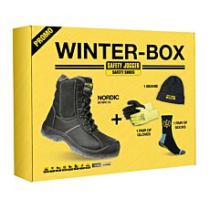 Box avec chaussure de sécurité, bonnet, gants, chaussettes