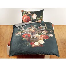 Satin-Bettwäsche mit Hirsch-Motiv und Blumenbouquet