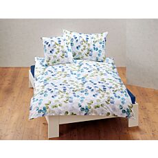 Linge de lit satiné avec motif de feuilles vertes et bleues